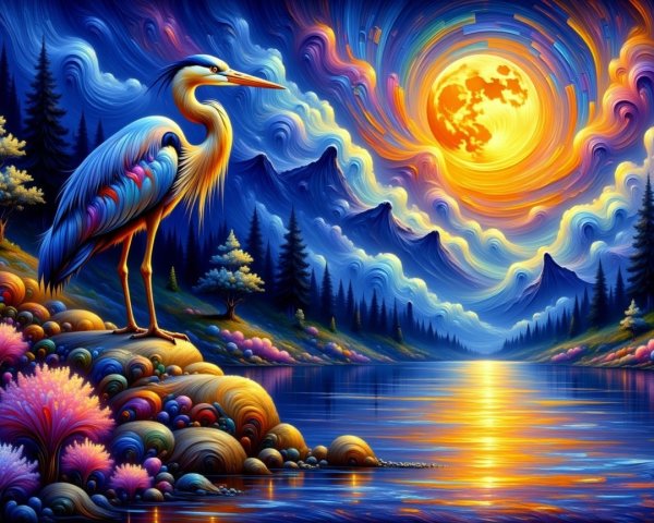 Vibrant Landscape with Heron by Shimmering Lake