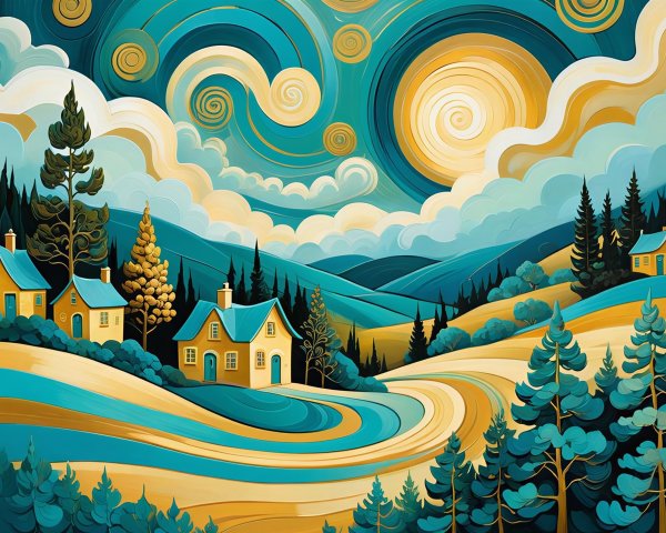 Surreal Landscape with Swirling Blues and Golden Sun