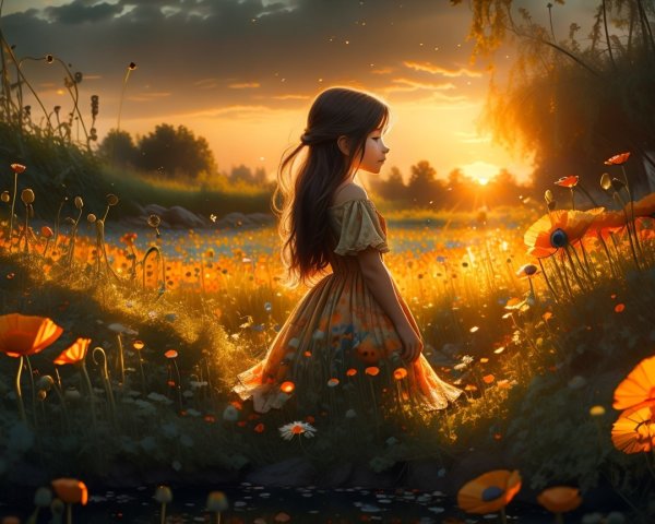Young girl in a meadow at sunset with flowers