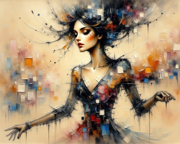 Elegant Woman Surrounded by Abstract Colorful Shapes