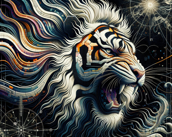 Digital Art of Roaring Tiger Head with Circuit Patterns