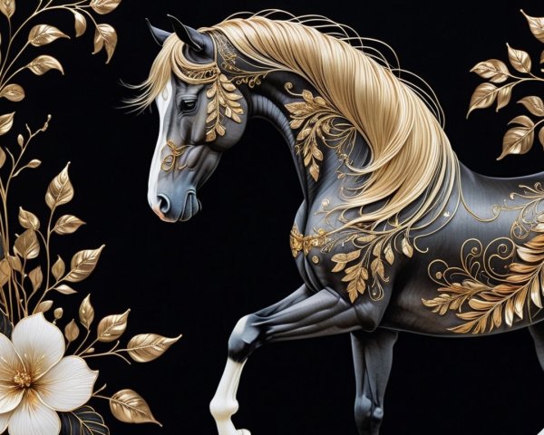 Majestic Black Horse with Floral Golden Mane