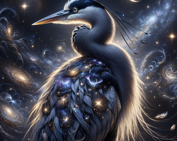Heron with Cosmic Feathers in a Celestial Scene