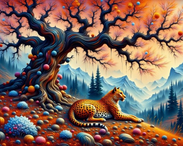 Vibrant landscape with leopard and abstract tree