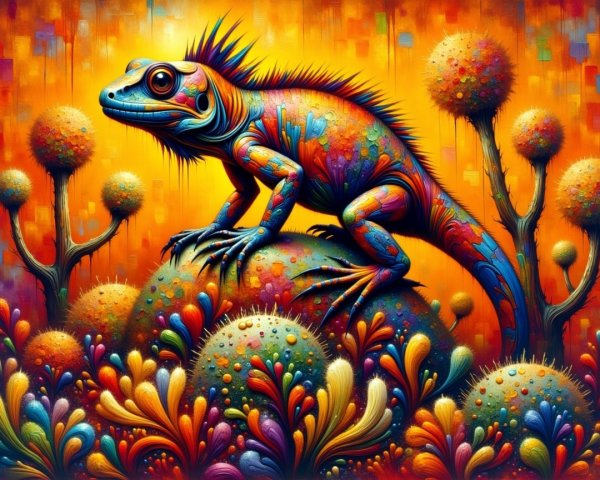Vibrant Iguana in a Colorful Surreal Landscape