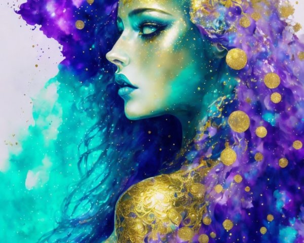 Ethereal Portrait of Woman in Shimmering Gold Patterns