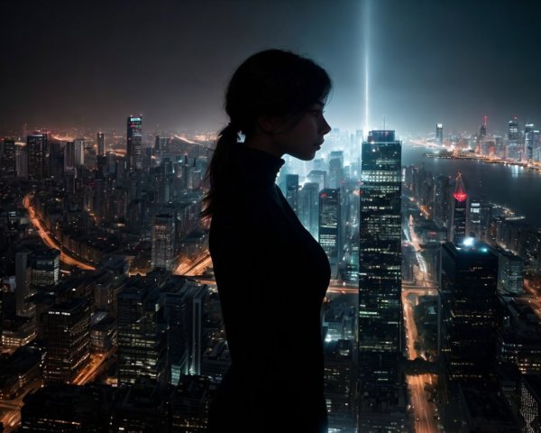 Silhouette of a woman with a vibrant cityscape at night