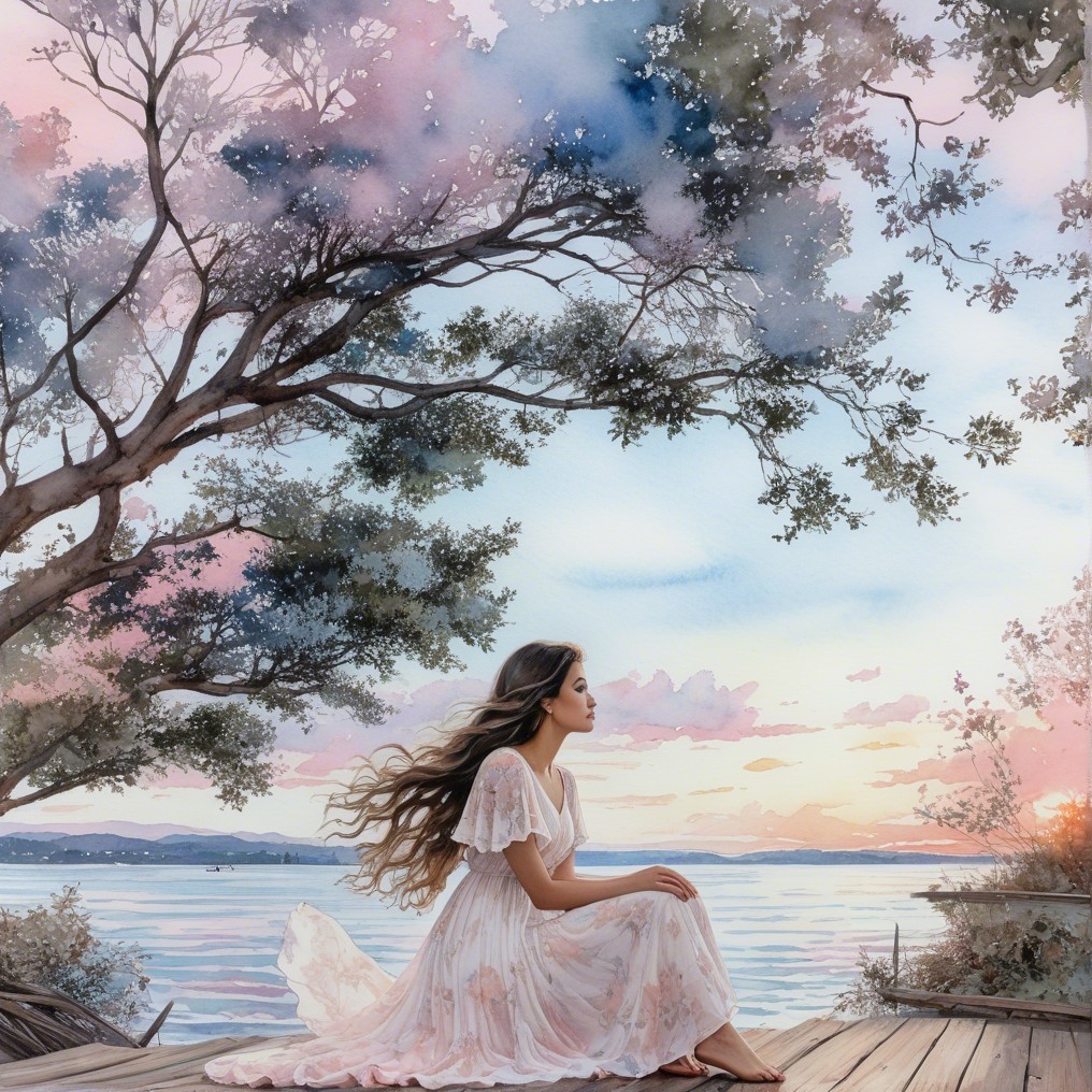 Young Woman on Dock by Tranquil Lake at Sunset