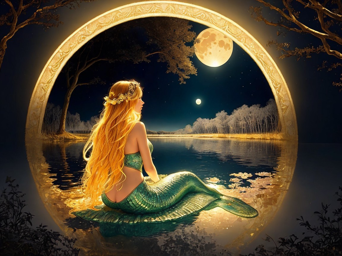 Mermaid by a tranquil lake under a full moon