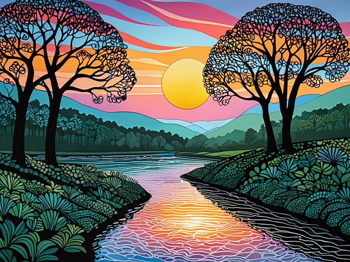Vibrant Landscape with River and Sunset Colors