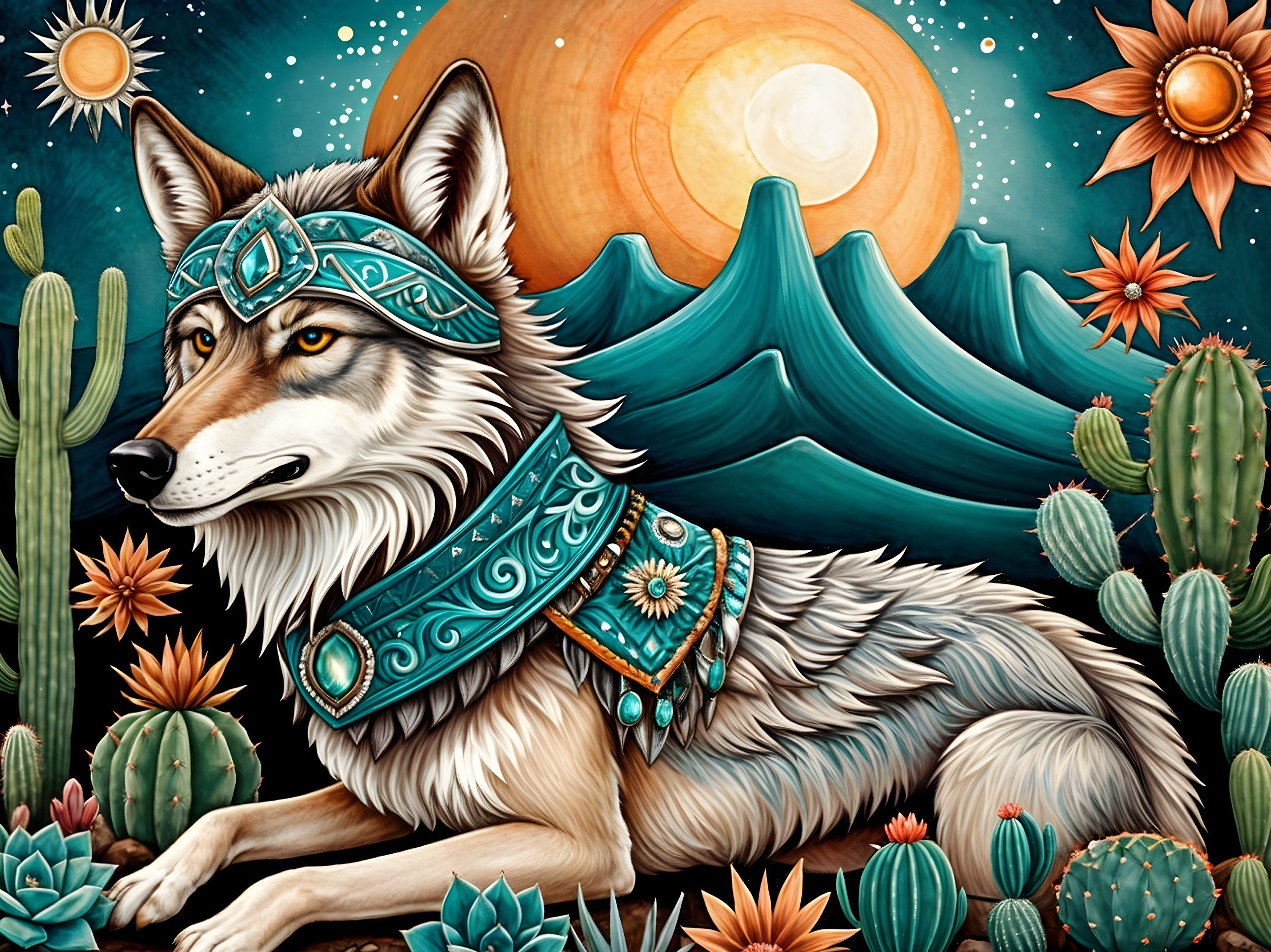 Detailed Illustration of a Majestic Wolf with Headdress