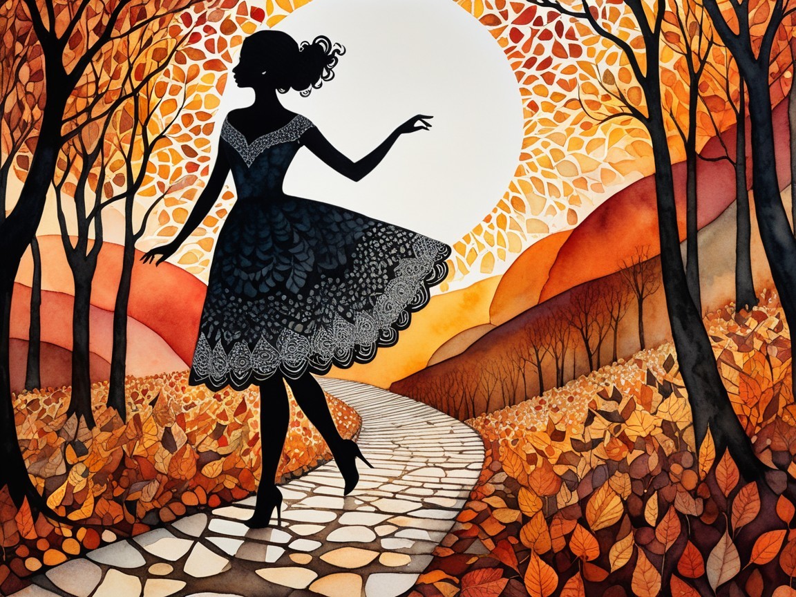Silhouette of a Woman Dancing in Autumn Foliage