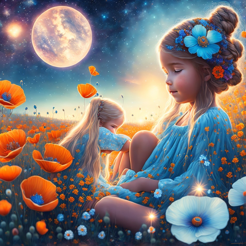 Children in a Vibrant Meadow Under a Glowing Moon