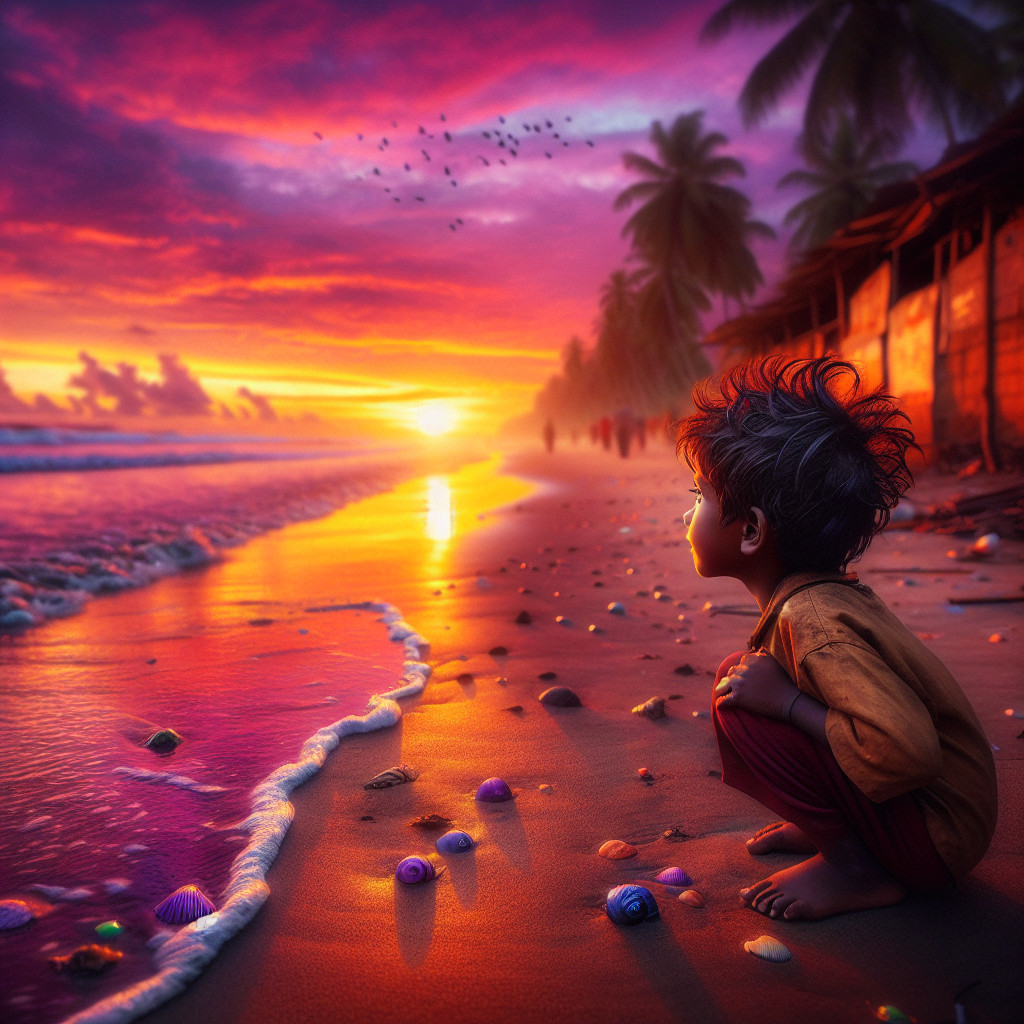 Young Boy Observing Sunset on Sandy Beach