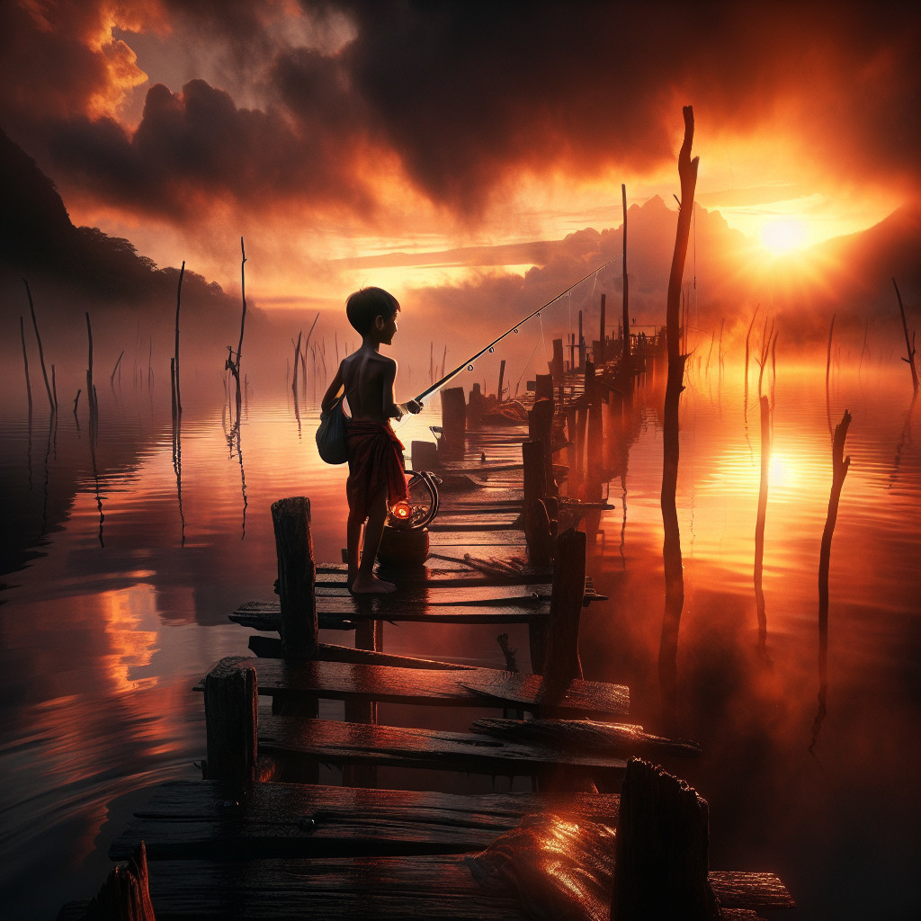 Young Boy Fishing at Sunset on a Wooden Pier