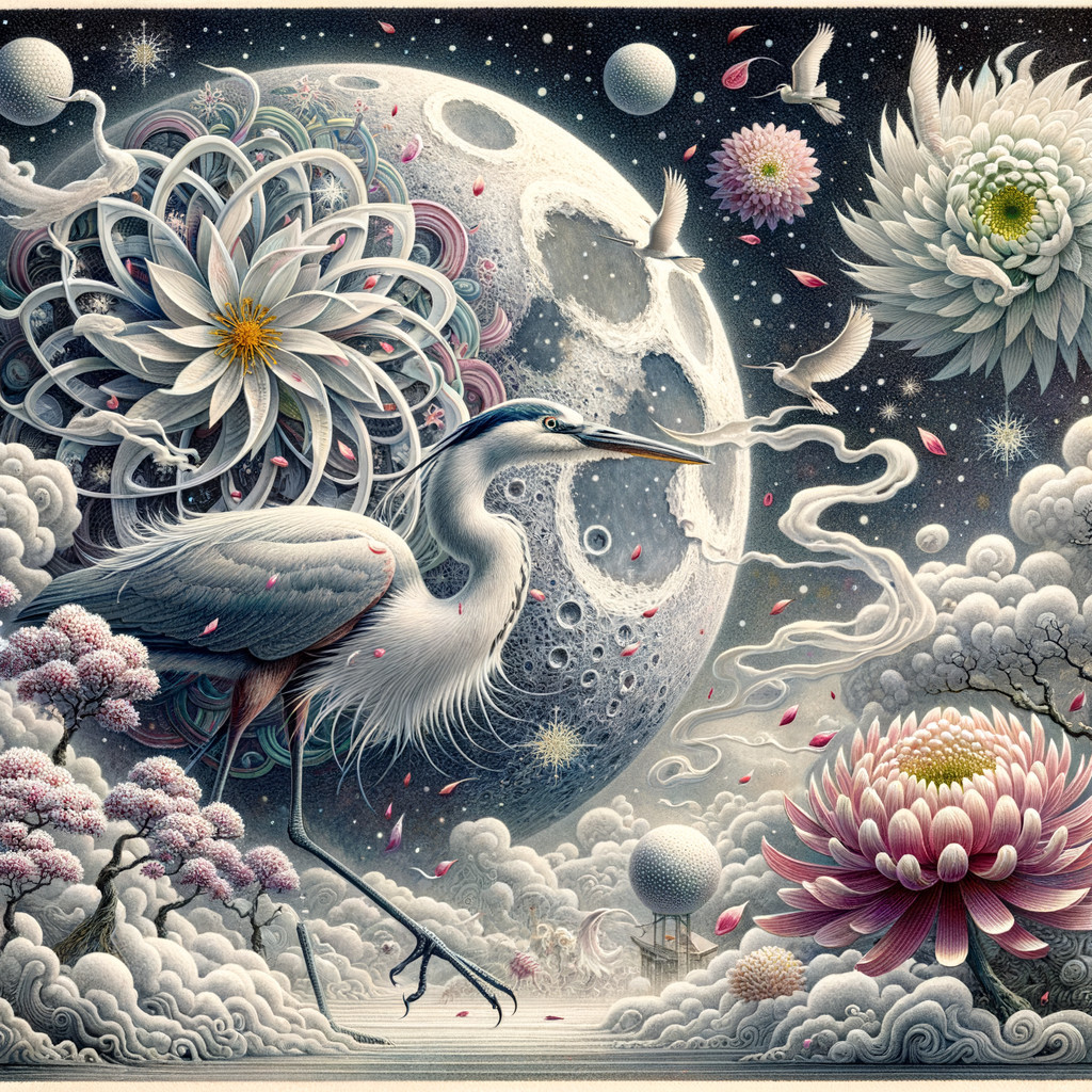 Serene landscape with heron, floral designs, and moon