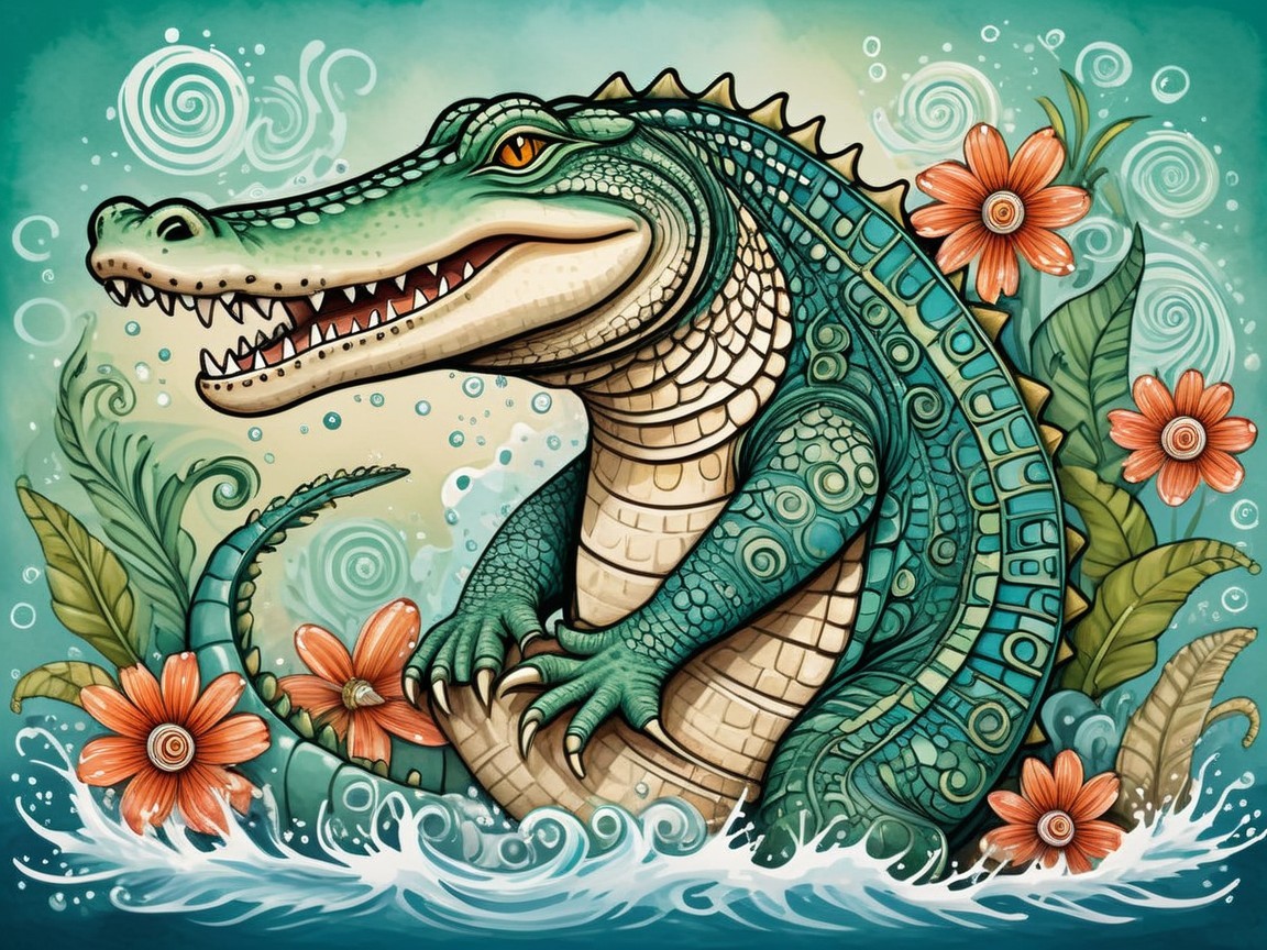 Vibrant Crocodile in Water with Floral Patterns