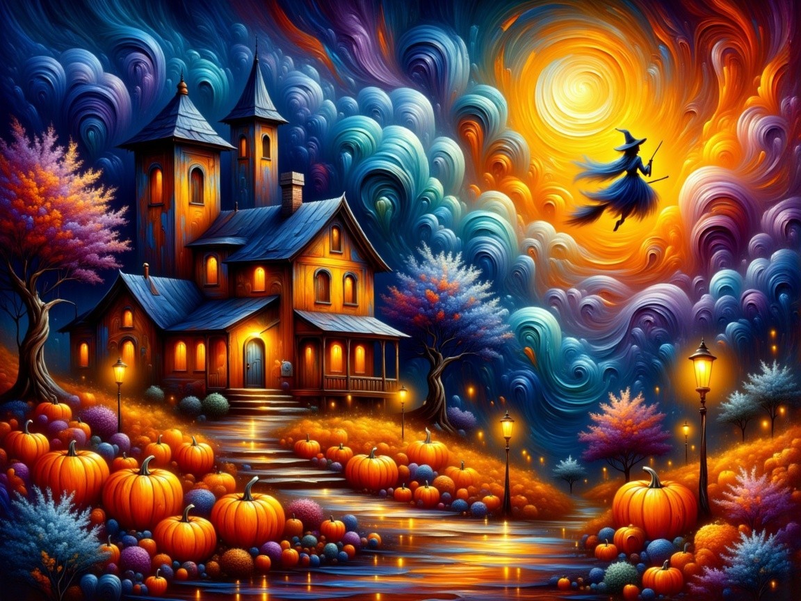 Whimsical Haunted House with Glowing Pumpkins at Night