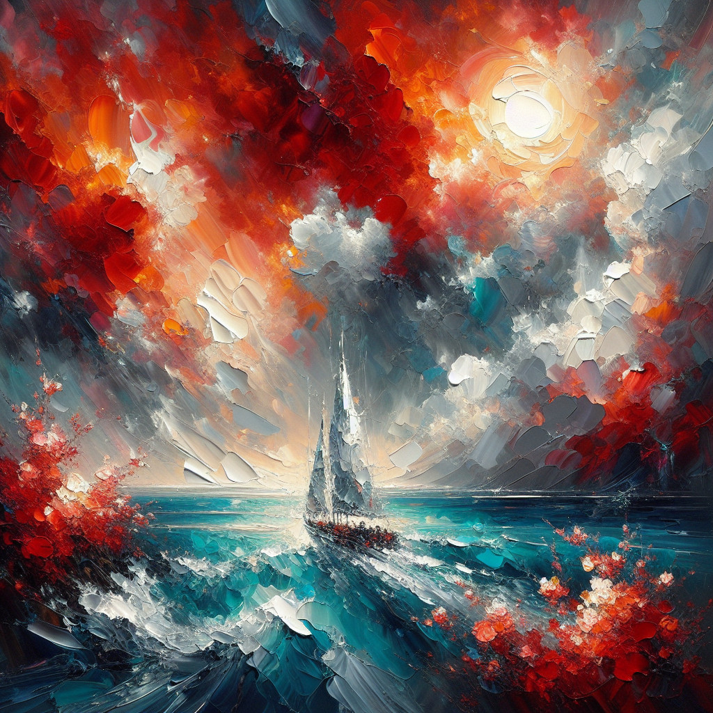 Impressionistic Oil Painting of Sailboat on Choppy Sea