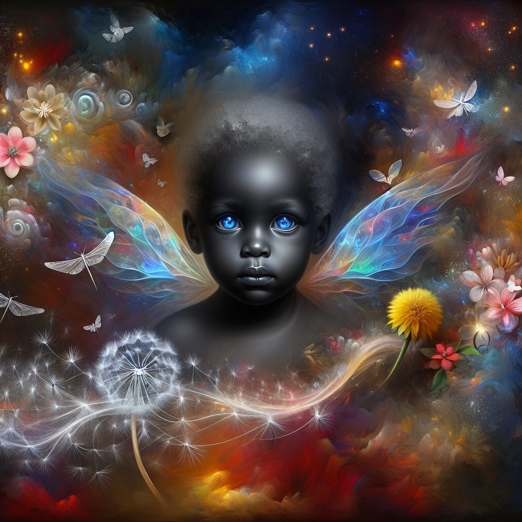 Young Child with Blue Eyes and Colorful Wings