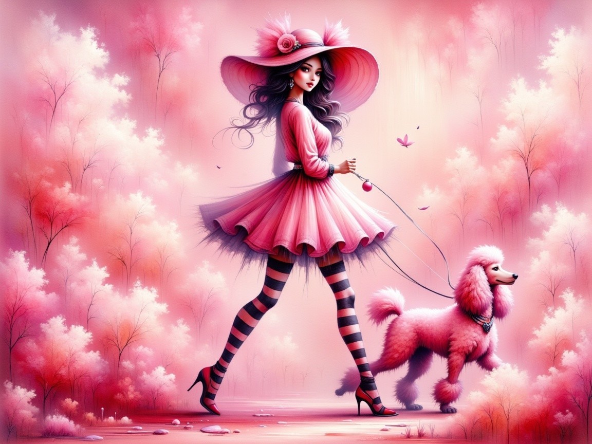 Stylish Woman with Pink Poodle in Dreamy Landscape