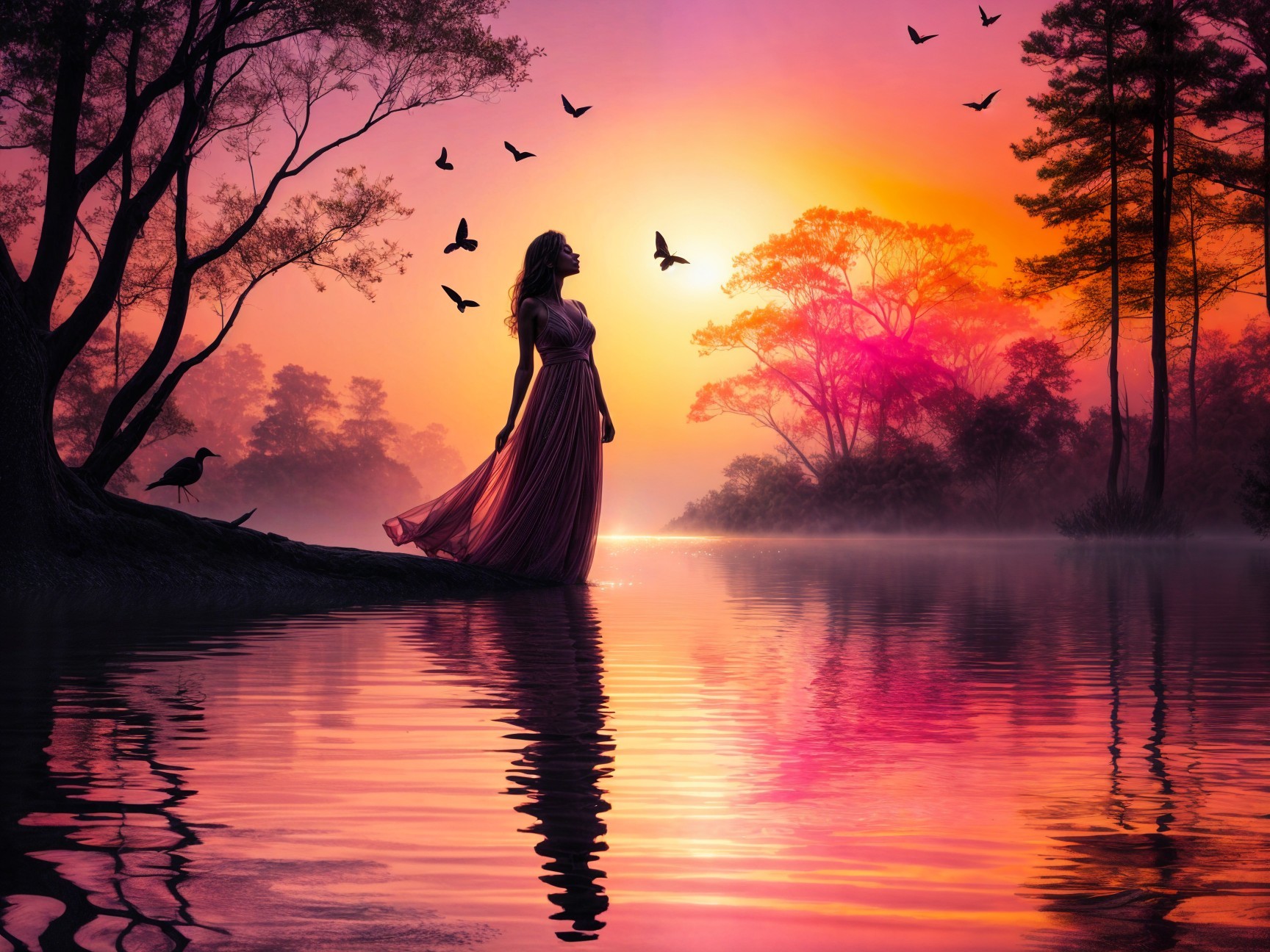 Twilight Landscape with Woman by Tranquil Lake