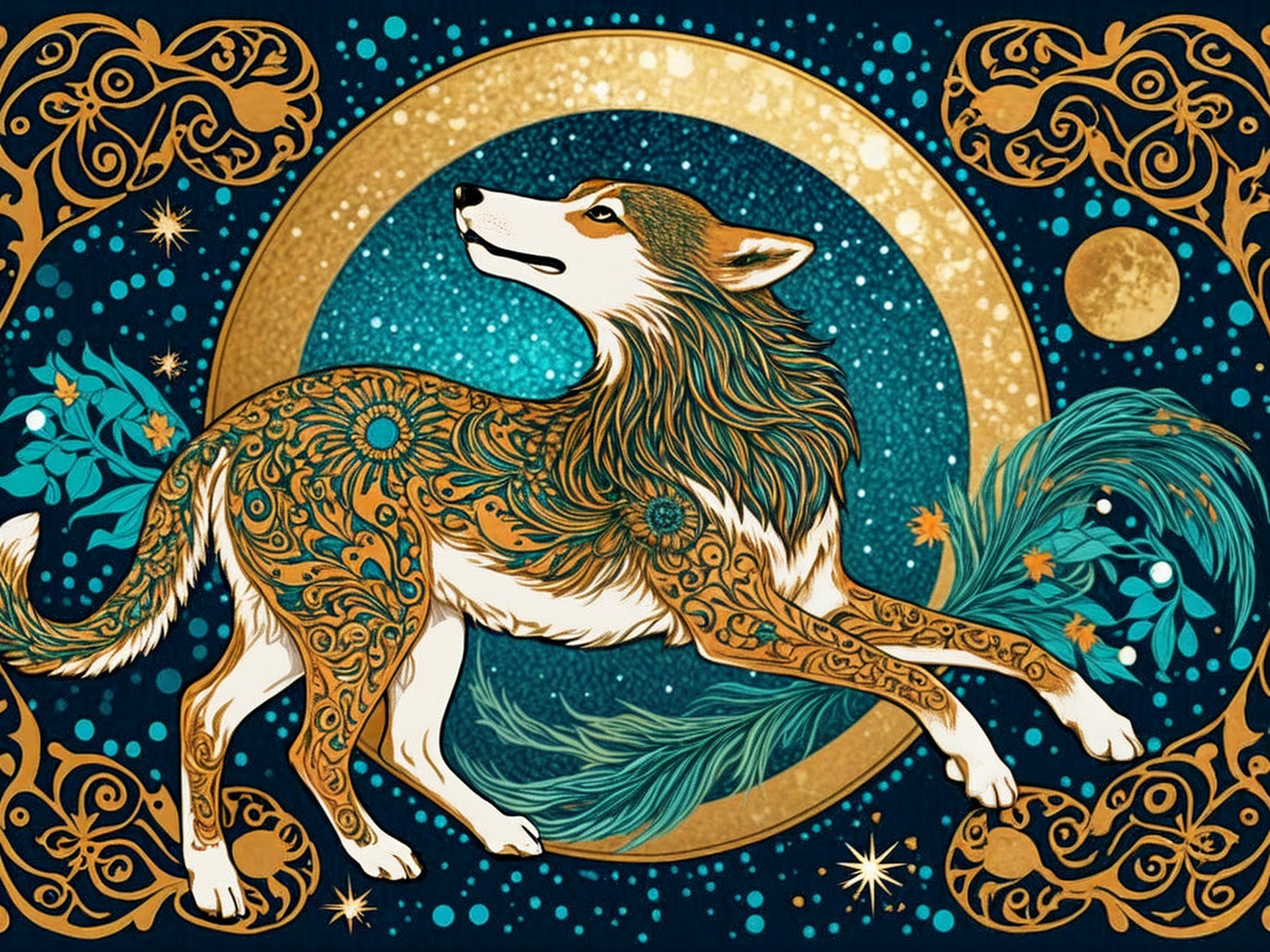 Stylized wolf with floral patterns on starry backdrop