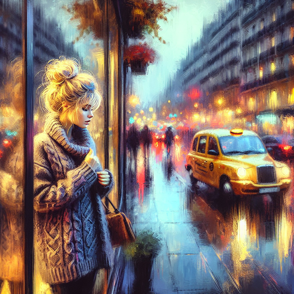 Young Woman in Sweater Observing Rainy City Street
