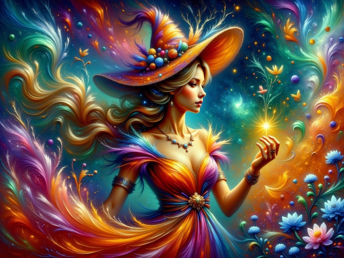 Vibrant Woman in Cosmic Colors and Intricate Patterns