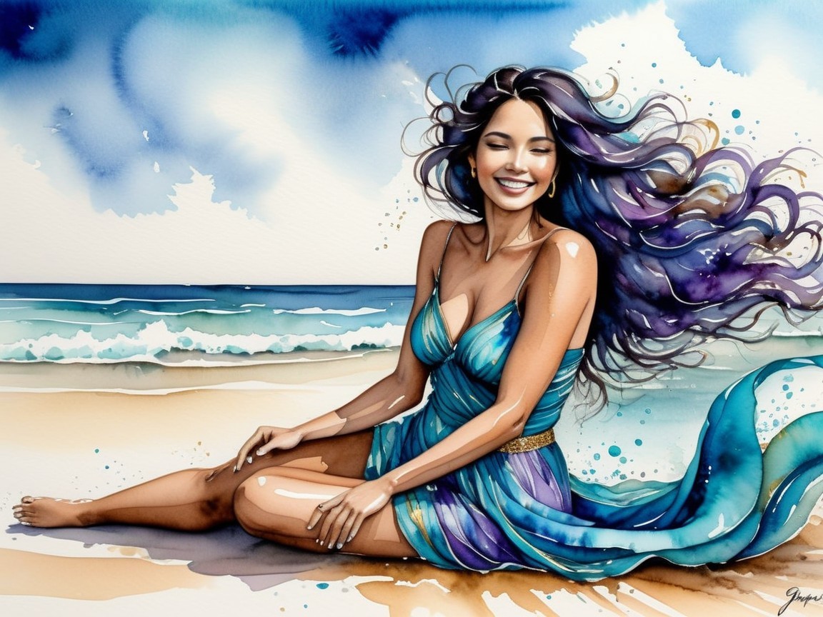 Watercolor Painting of Woman on Beach in Turquoise Dress