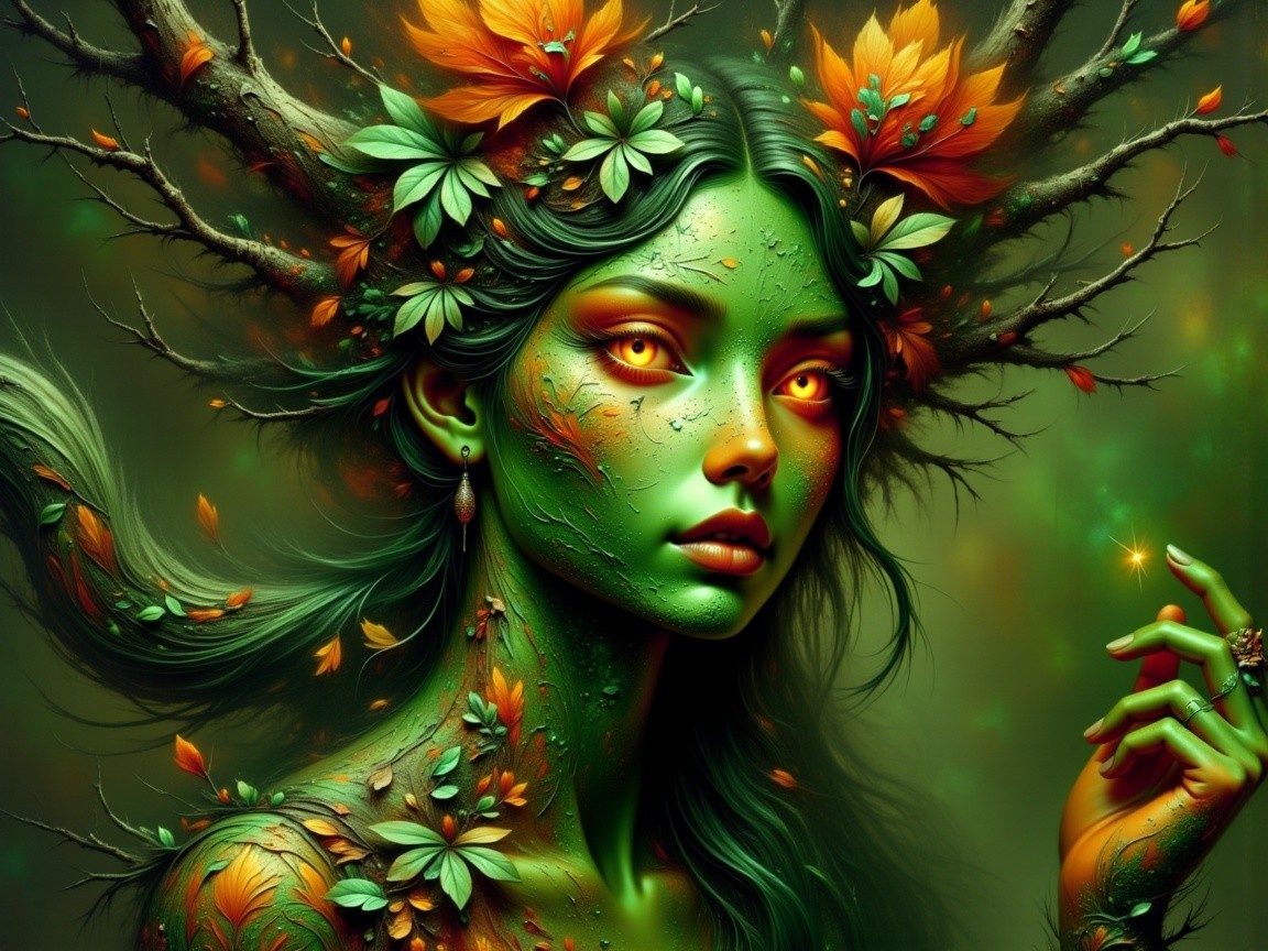 Mystical figure with green skin in a forest setting