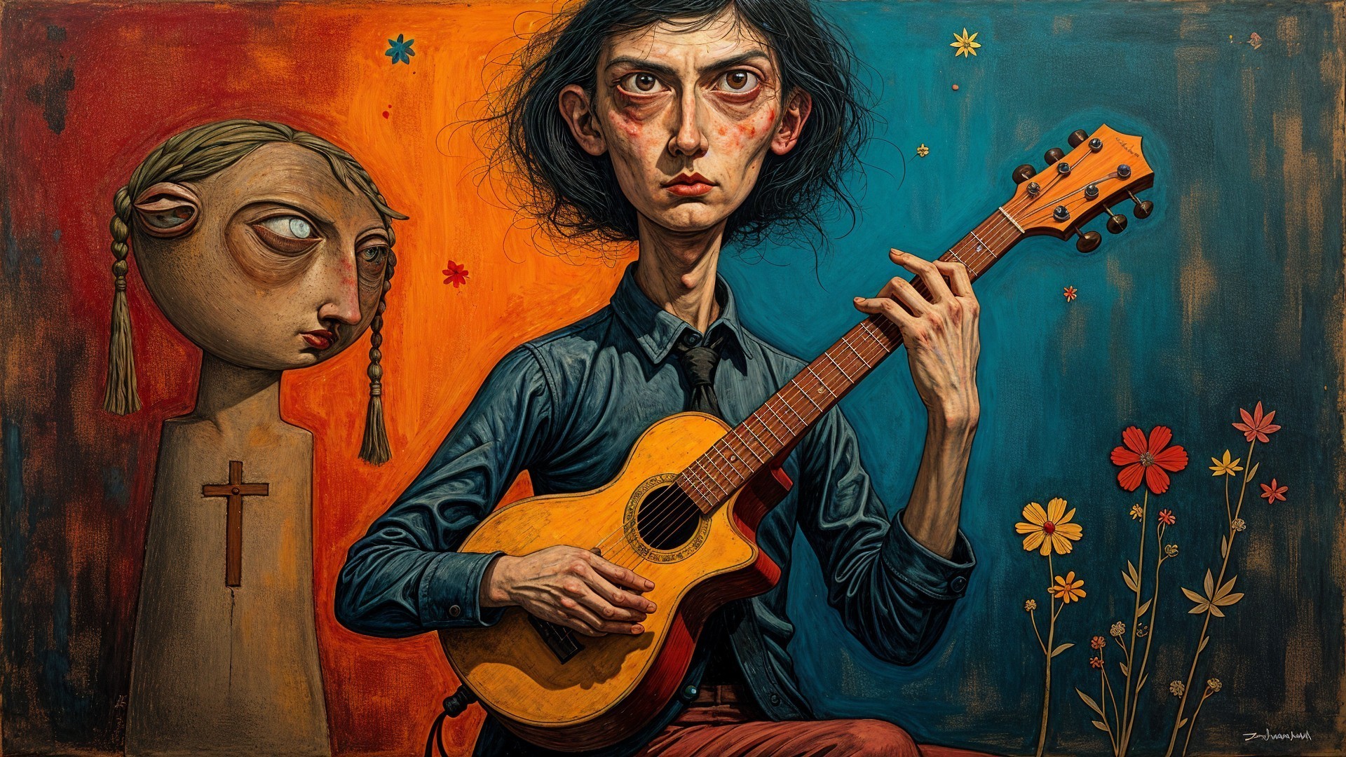 Stylized Figure Playing Guitar with Vibrant Background