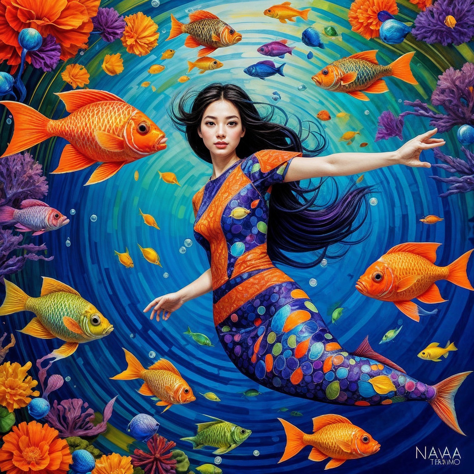 Vibrant Underwater Scene with Mermaid and Goldfish