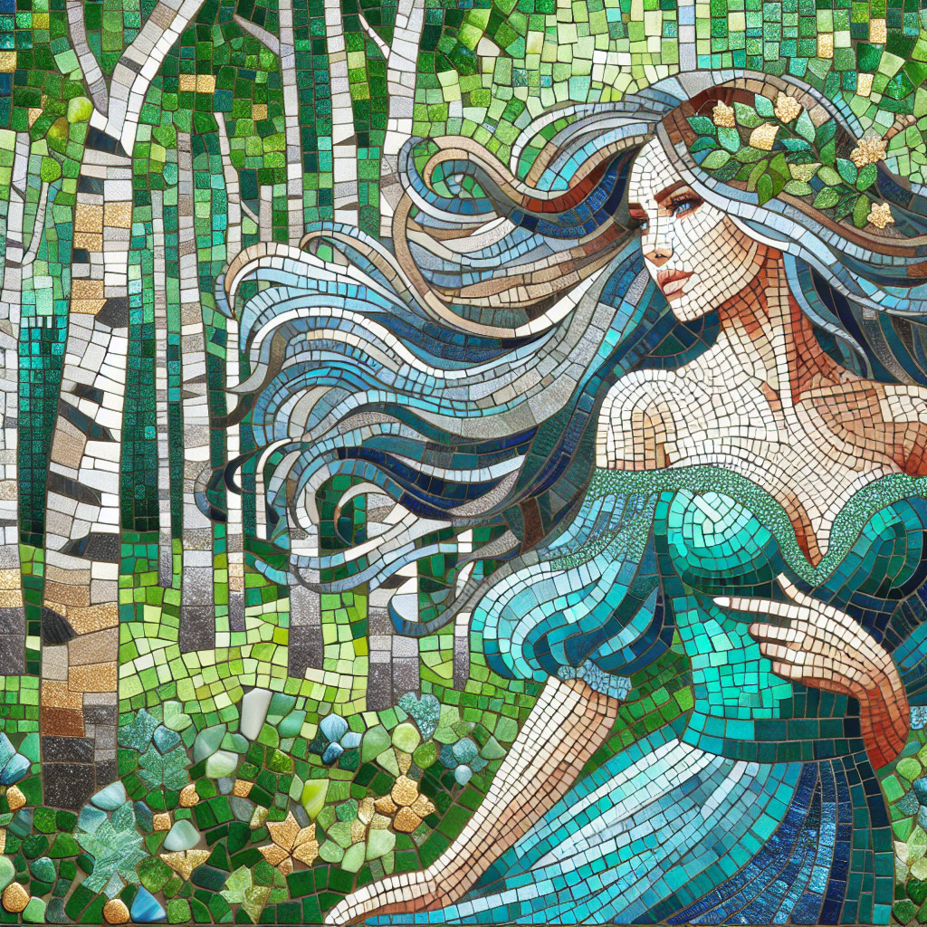 Mosaic Artwork of Woman Among Birch Trees and Nature