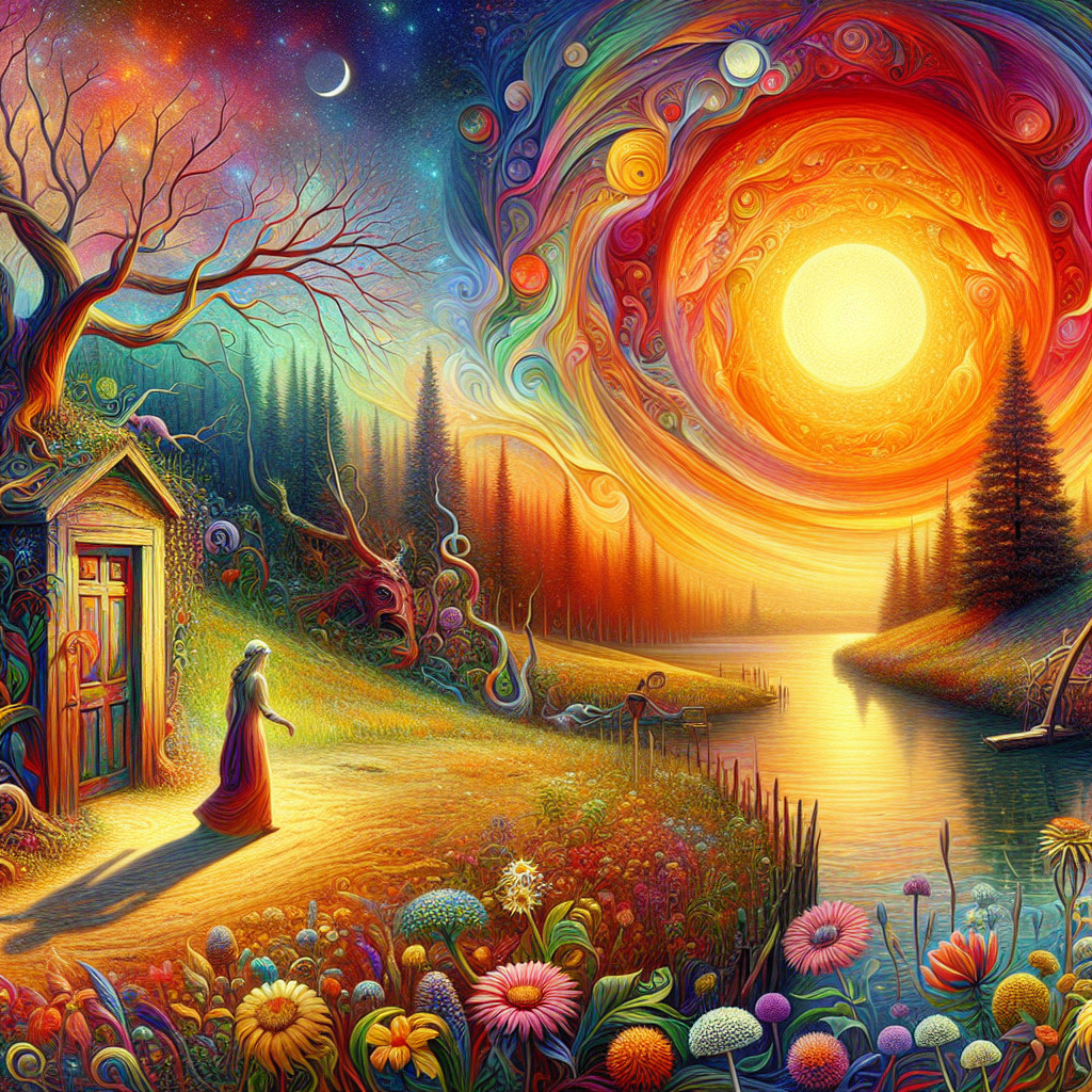 Psychedelic Landscape with Woman, River, and Trees