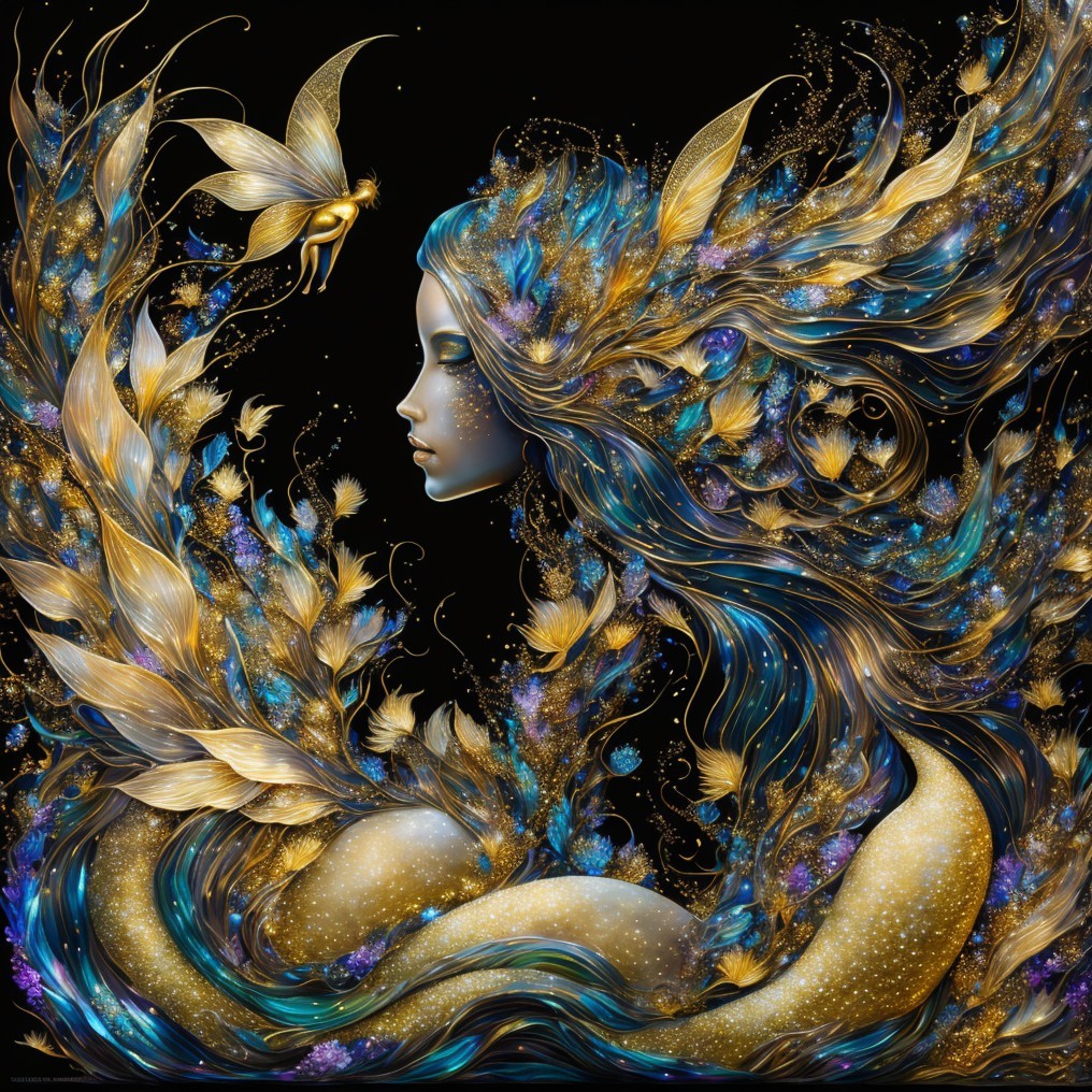 Mystical figure with flowing hair in enchanted setting