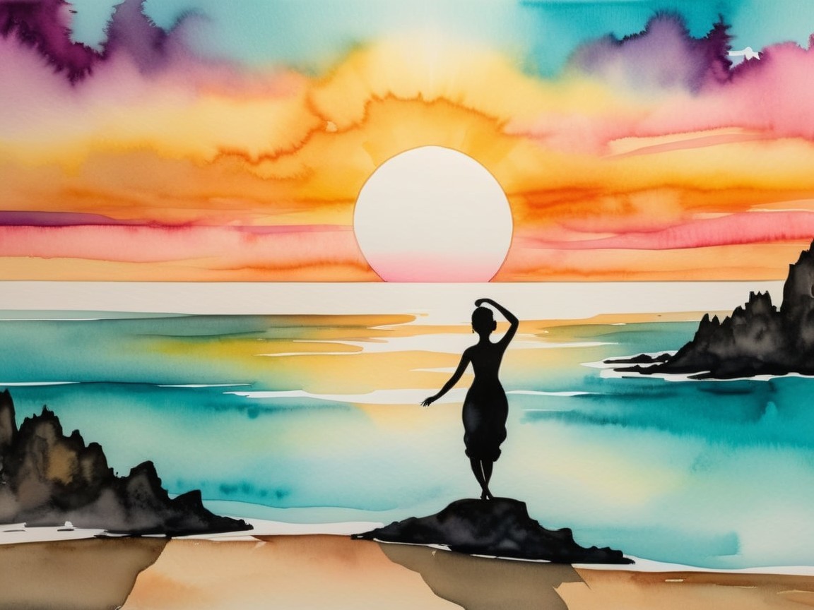Silhouette of a Woman at Sunset Over the Ocean