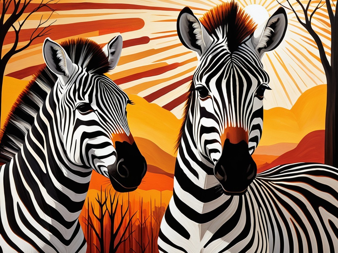 Stylized Zebras Against Vibrant Sunset Backdrop