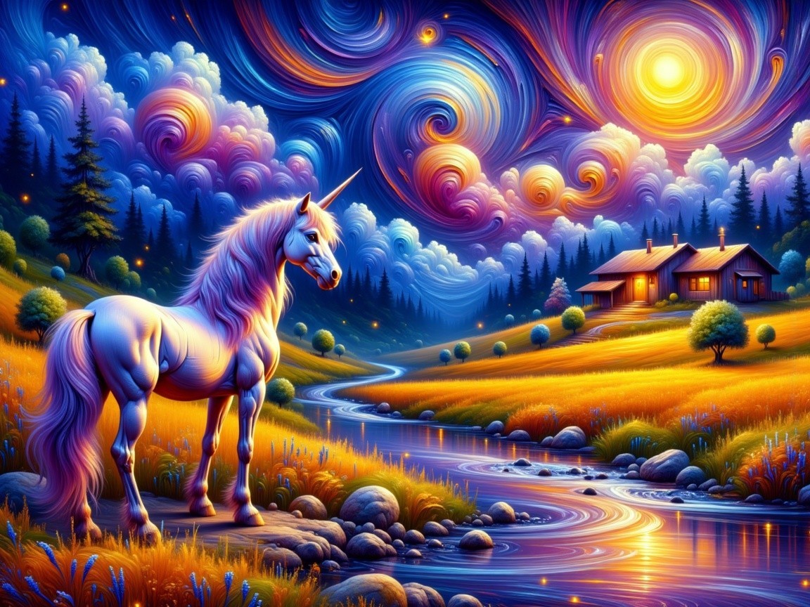 Vibrant Dreamlike Landscape with a White Unicorn