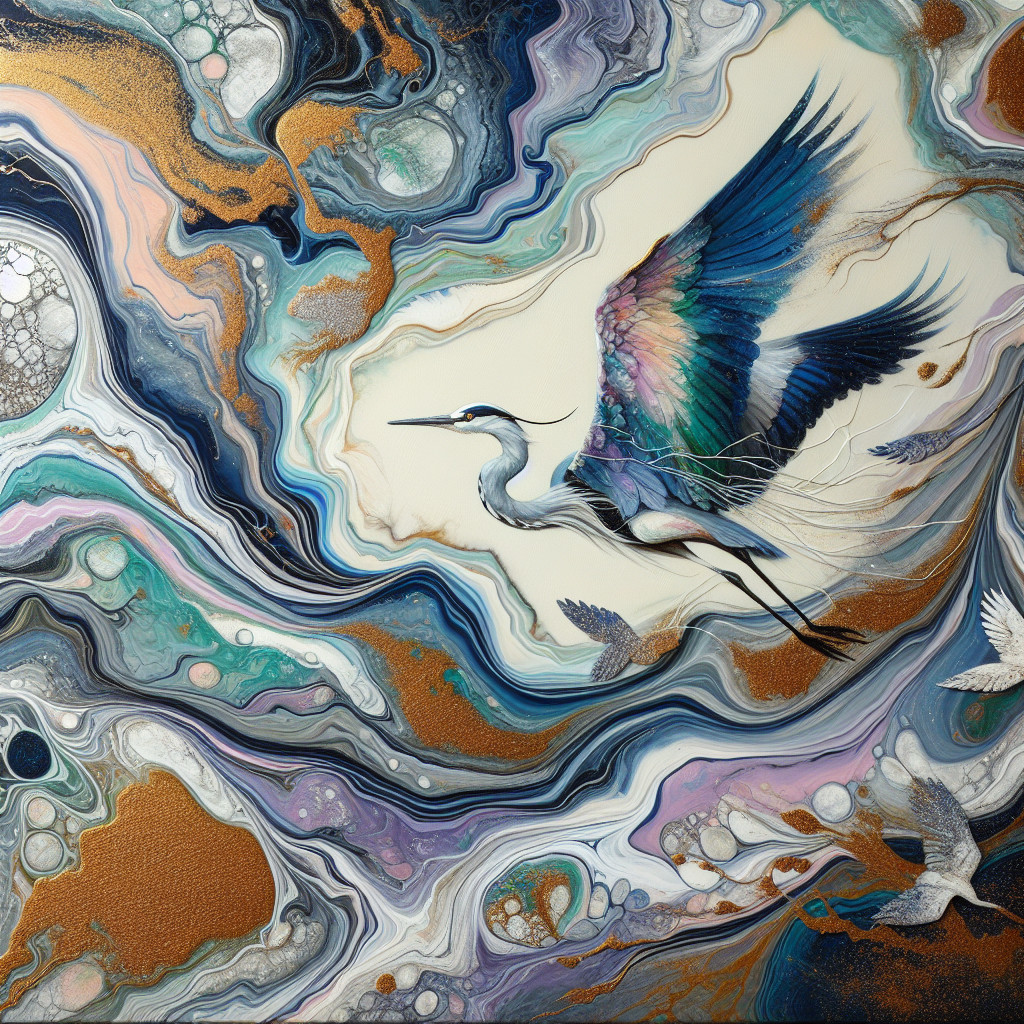 Majestic heron in vibrant abstract water and sky scene