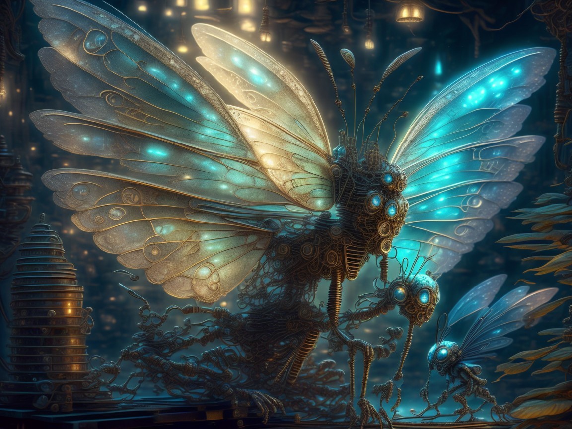Surreal Mechanical Butterflies in a Whimsical Setting