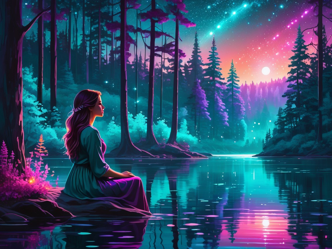 Twilight Landscape with Woman by Calm Lake