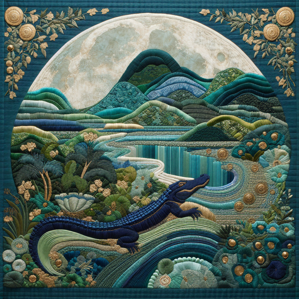 Vibrant Quilt with Embroidered Landscape and Alligator