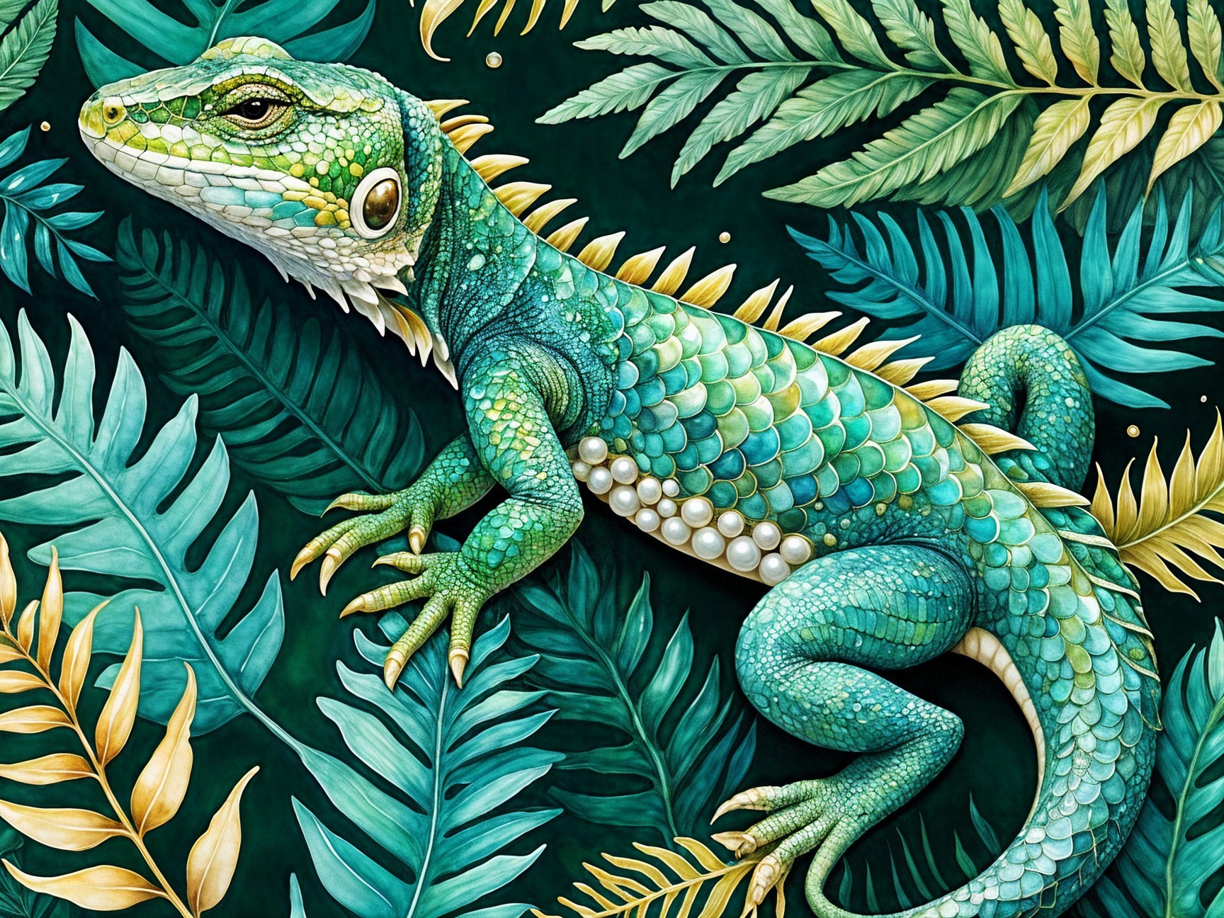 Vibrant Green Lizard Among Lush Tropical Foliage