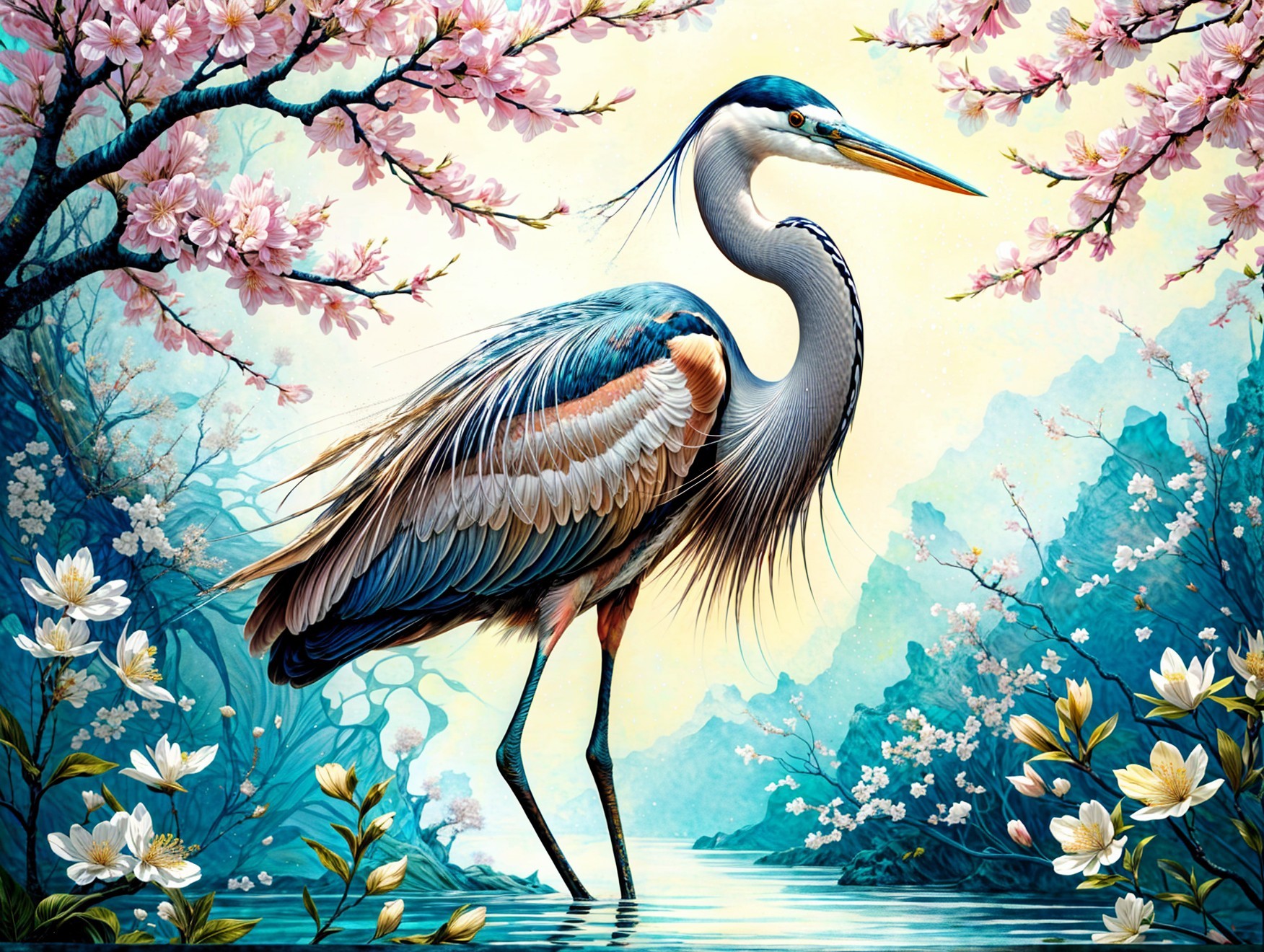 Heron in a Serene Landscape with Cherry Blossoms