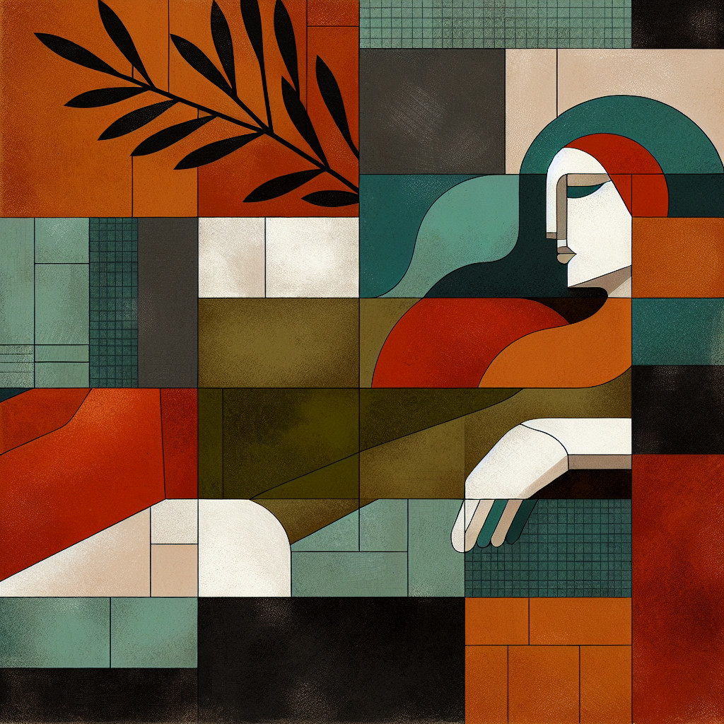 Abstract Art Illustration with Botanical Elements and Grid