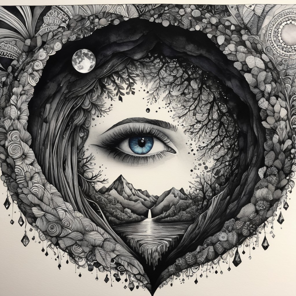 Black and white illustration with a vivid blue eye