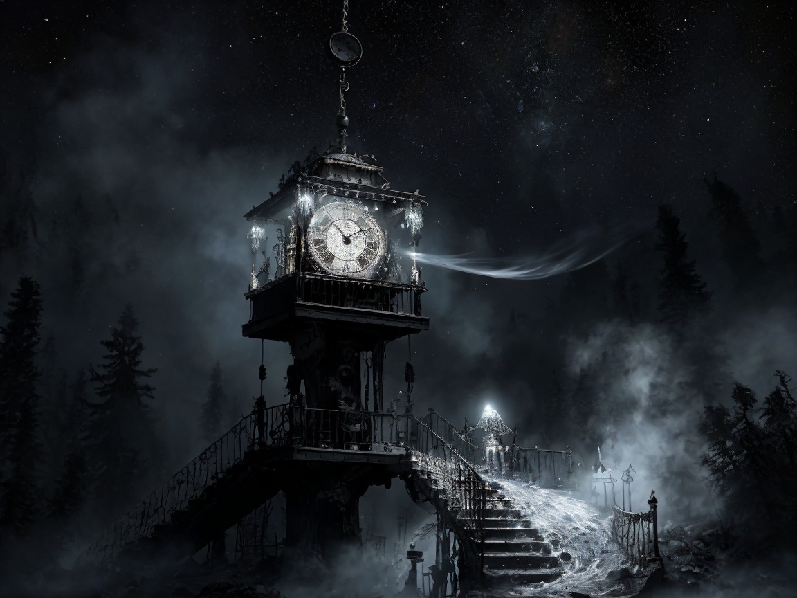 Ornate Clock Tower in a Foggy, Mysterious Landscape