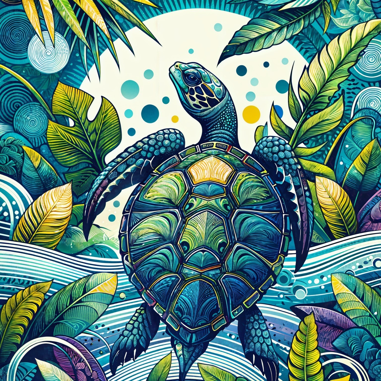 Stylized Turtle in Lush Underwater Scene with Foliage