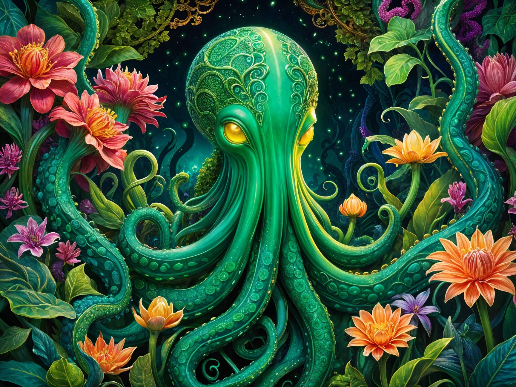 Vibrant Octopus in Enchanted Underwater Garden Scene